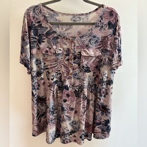 Purple And Blue Floral Scoop Neck Blouse 2X